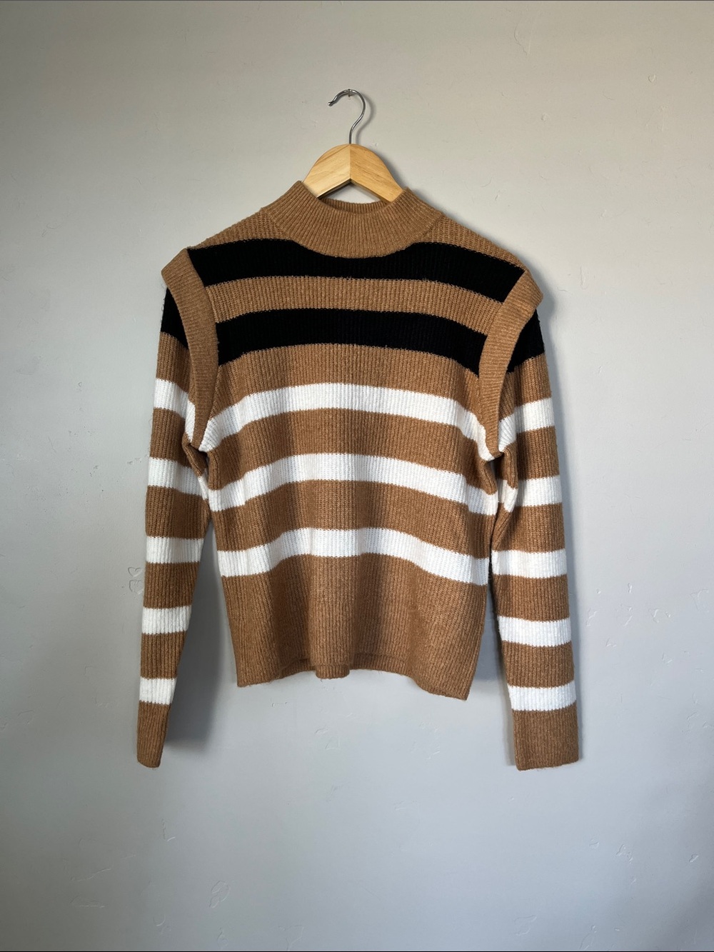 Halogen | NWT Tan, Black & White Striped Mock-neck Sweater